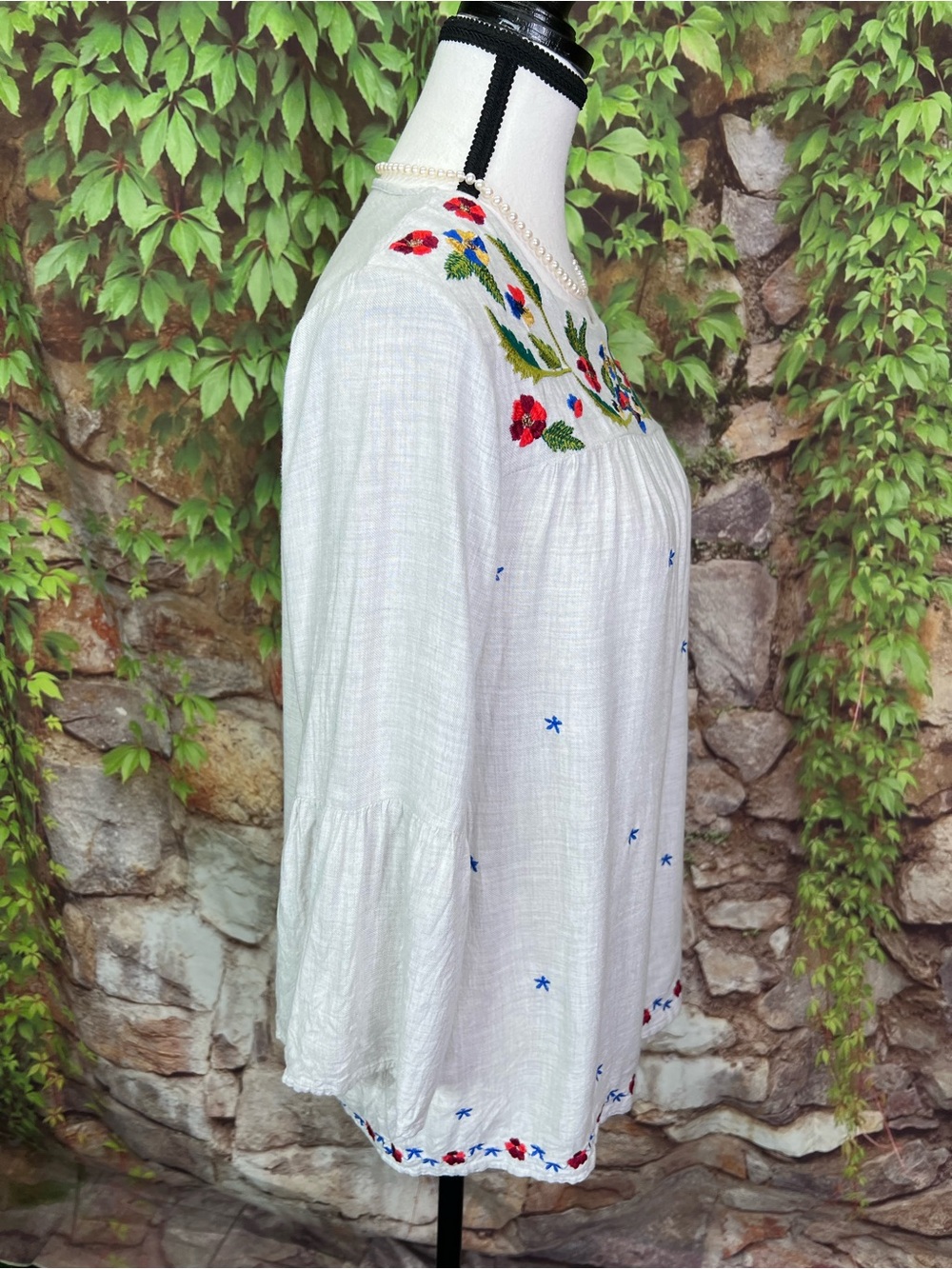 FALMER HERITAGE Pale Gray Embroidered Bohemian Peasant Blouse, UK 12/ US 8 - Picture 12 of 14